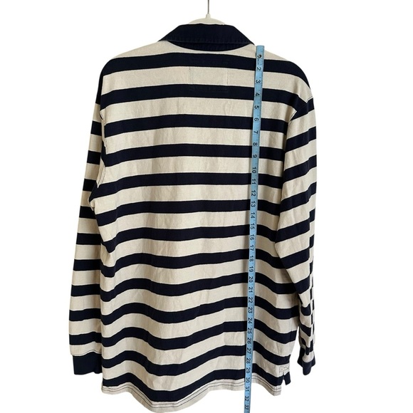 LL Bean Mens Medium Regular Striped Rugby Long Sleeve Polo Shirt Navy Cream Knit - Picture 3 of 7